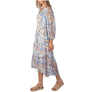 JOIE Floral Fields Blue/White/Orange/Tan Ruffle hem midi dress size large